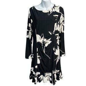 Chaps Dress Womens Medium Black White Floral Pullover Stretch Ruffle Hem NEW